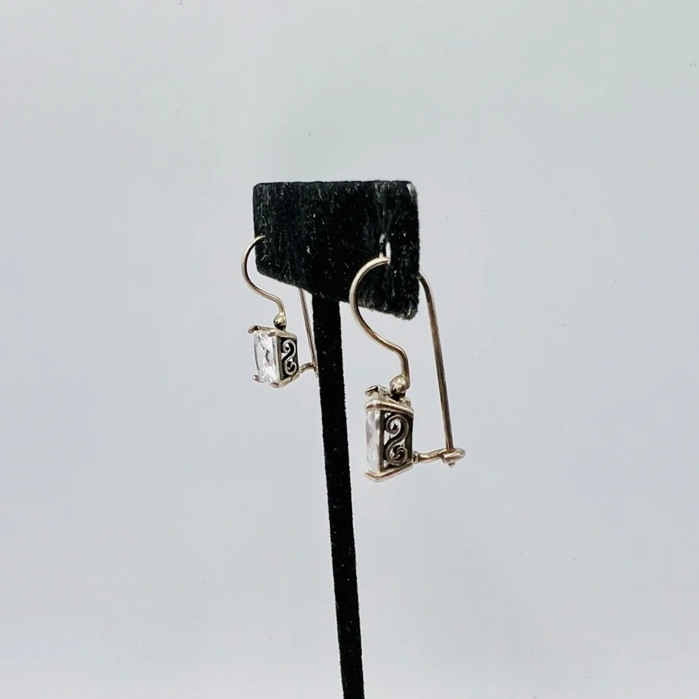 Simple artisan 925 silver shepherds hook rectangular clear rhinestone earrings